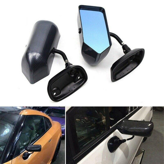 F1 Style Racing Drift Car Side Mirrors, Carbon Fiber Exterior, Blue Glass, 2 Pieces n