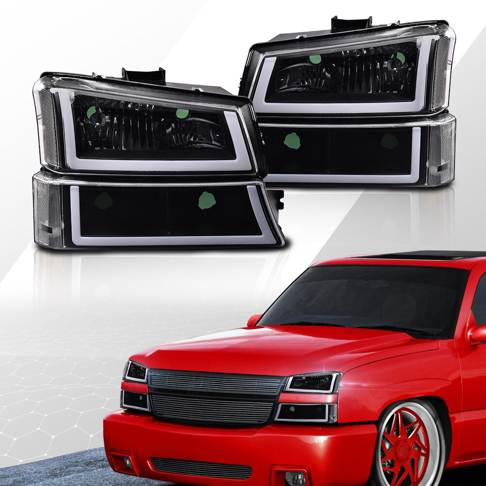 Black Housing LED DRL Headlight Clear Signal Bumper Fits 2003 - 2007 Silverado- v