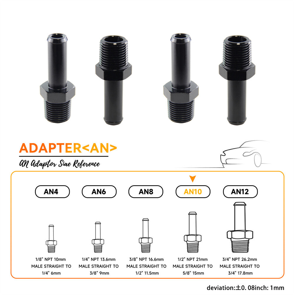 4PCS Aluminum AN10 1/2'' NPT Male to 5/8 Hose Barb Straight Adapter Fitting BK
