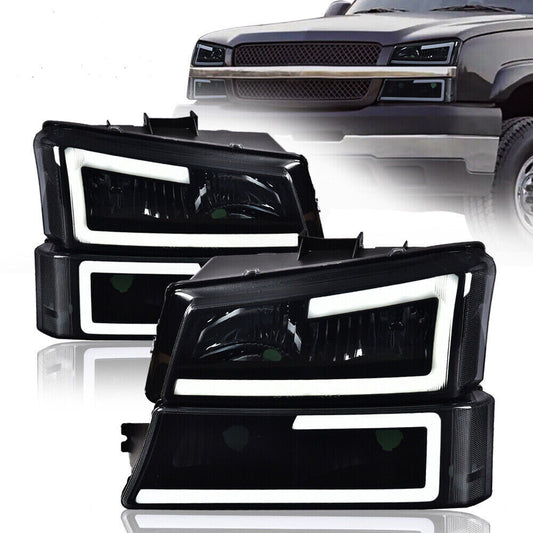 Fits 2003 - 07 Silverado Avalanche LED DRL Headlight Bumper Light Smoked/Black - v