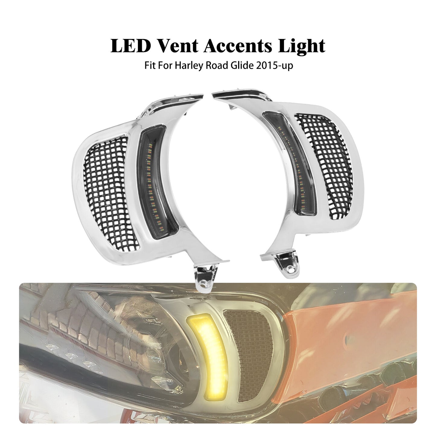 Chrome Headlight Vent Accent w/ Black Grille LED Light Fit for Harley Road Glide Q