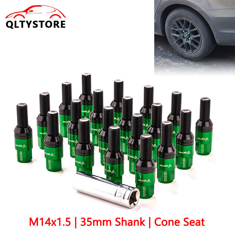 20x M14x1.5 Wheel Lug Bolt 35mm Shank Cone for Seat Stud for Most Aftermarket Green Q