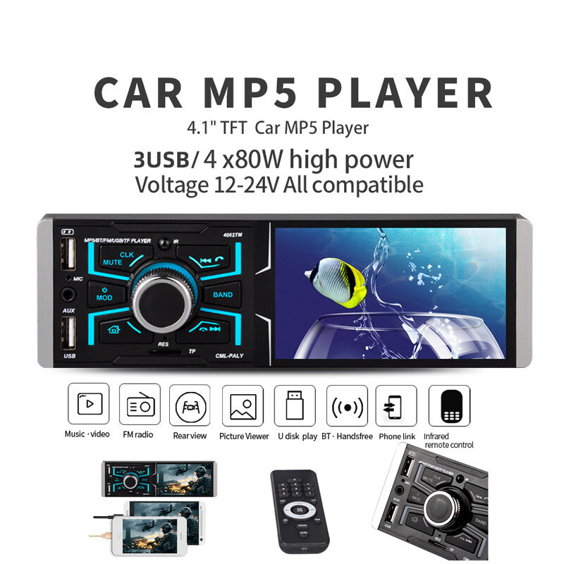 4.1-inch car radio, 1-in-1 MP5 player, 3 USB ports, high-power stereo Bluetooth link - n
