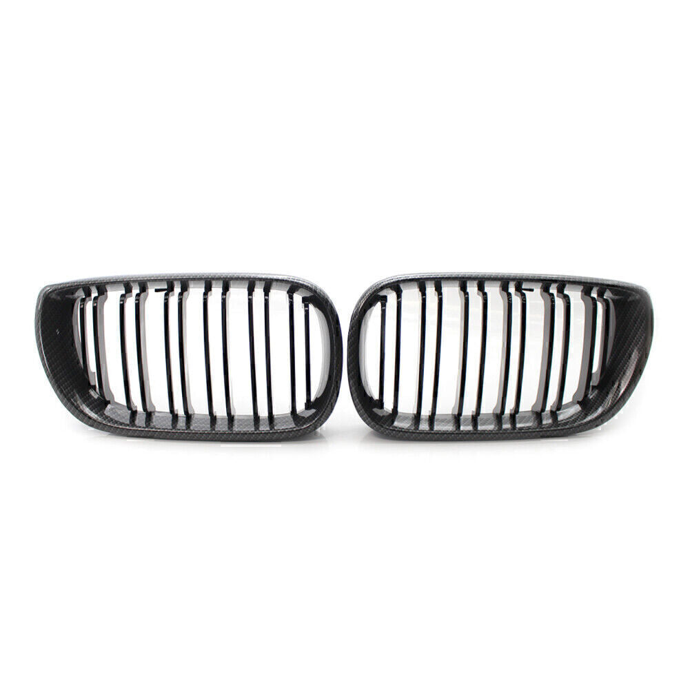 2x Carbon Fiber Black Double Slat Front Kidney Grille Fits for BMW E46 Sedan 02-05