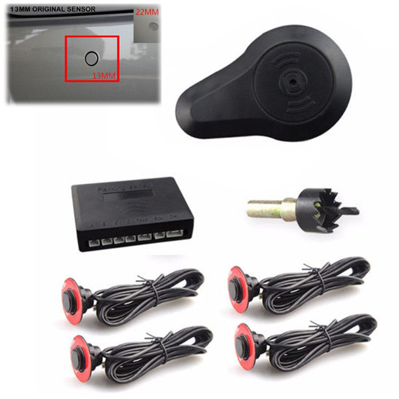 Parking with 4 hidden sensors, 13mm reverse backup, rear radar, sound buzzer, and alarm. n