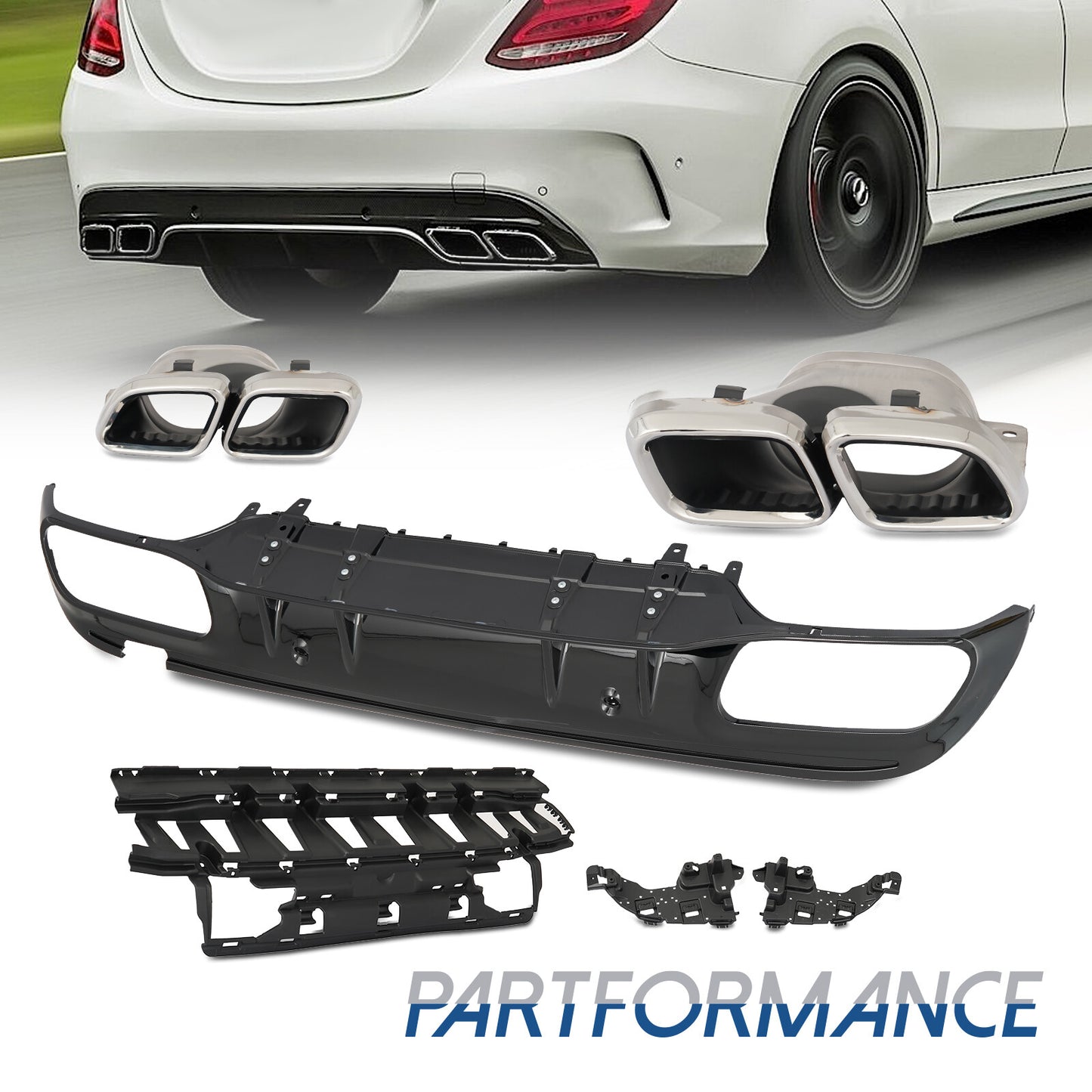 Suitable for 2015-2021 for Mercedes-Benz W205 AMG rear bumper diffuser exhaust tips C63 style Q