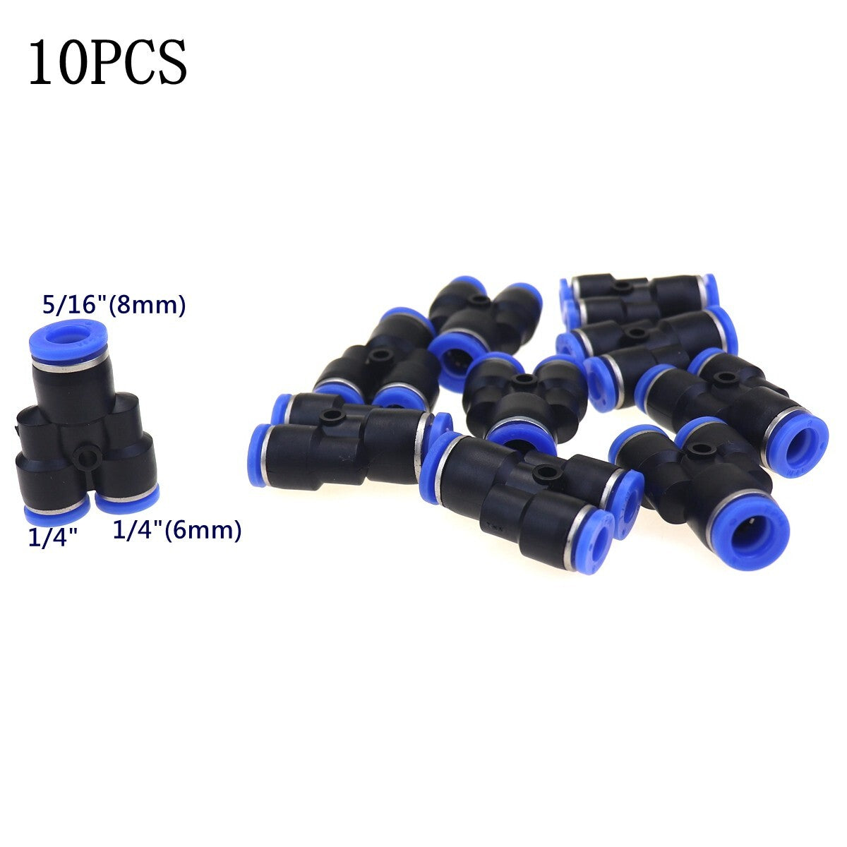 10-Piece Pneumatic Reduction Y-Combiner OD 5/16 to 1/4 Inch Push-Type 3-Way Accessory