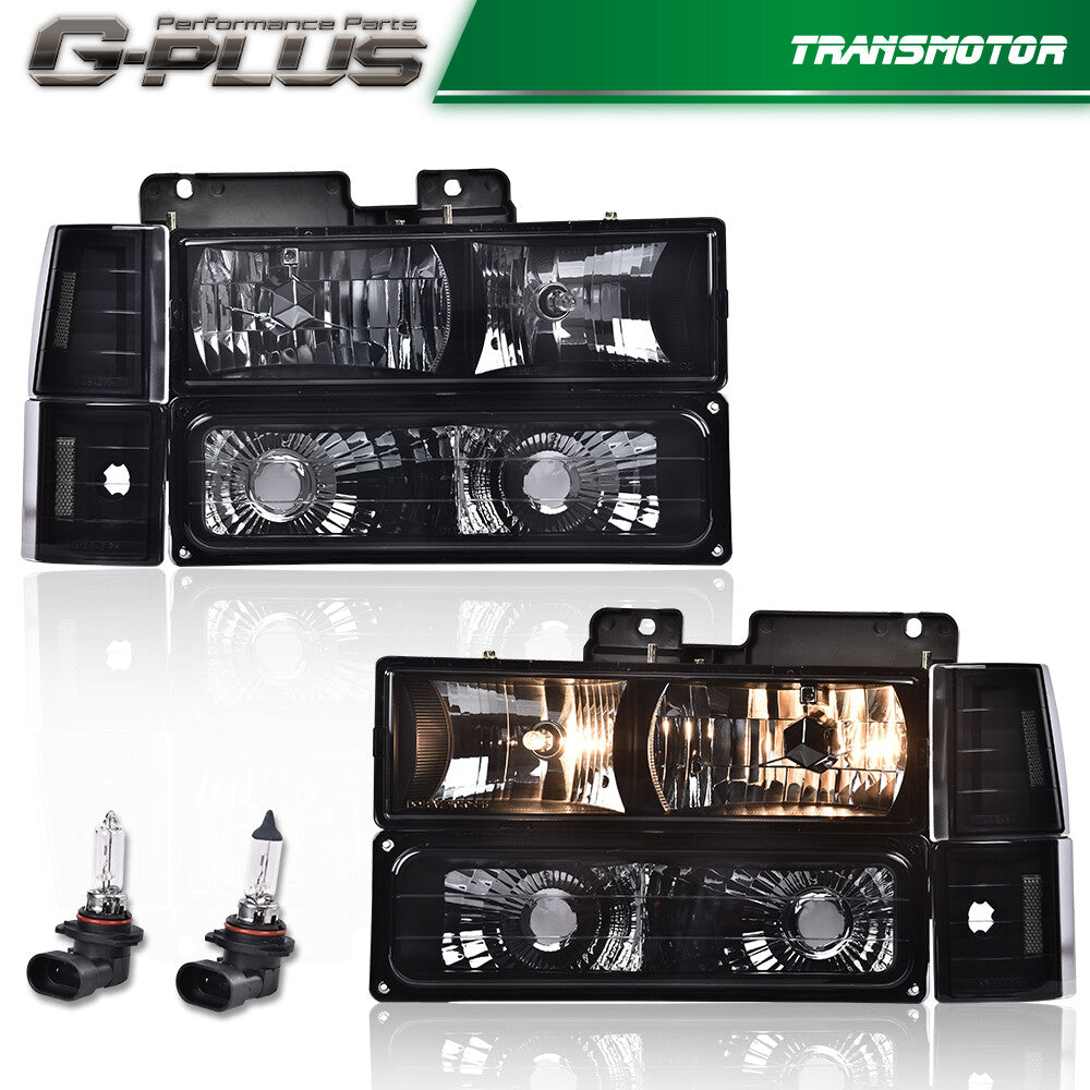 Fits 94-98 C/K for Sierra Suburban Smoke Lens Black Headlight + Bumper Light - v
