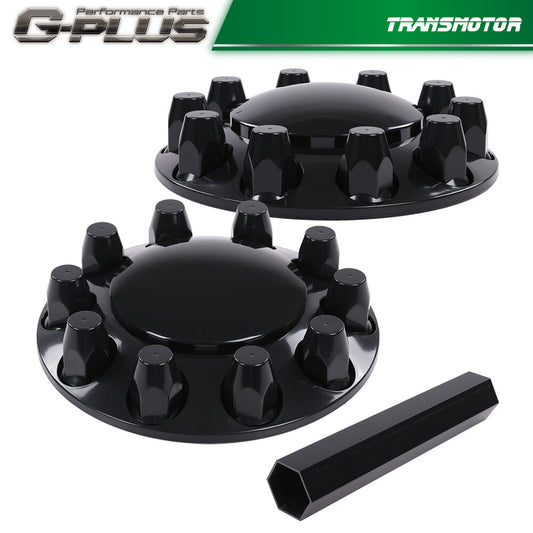 Brand New Front Wheel Covers 33mm Hub Axle Semi Truck ABS Plastic Satin Black 1 Pair - v