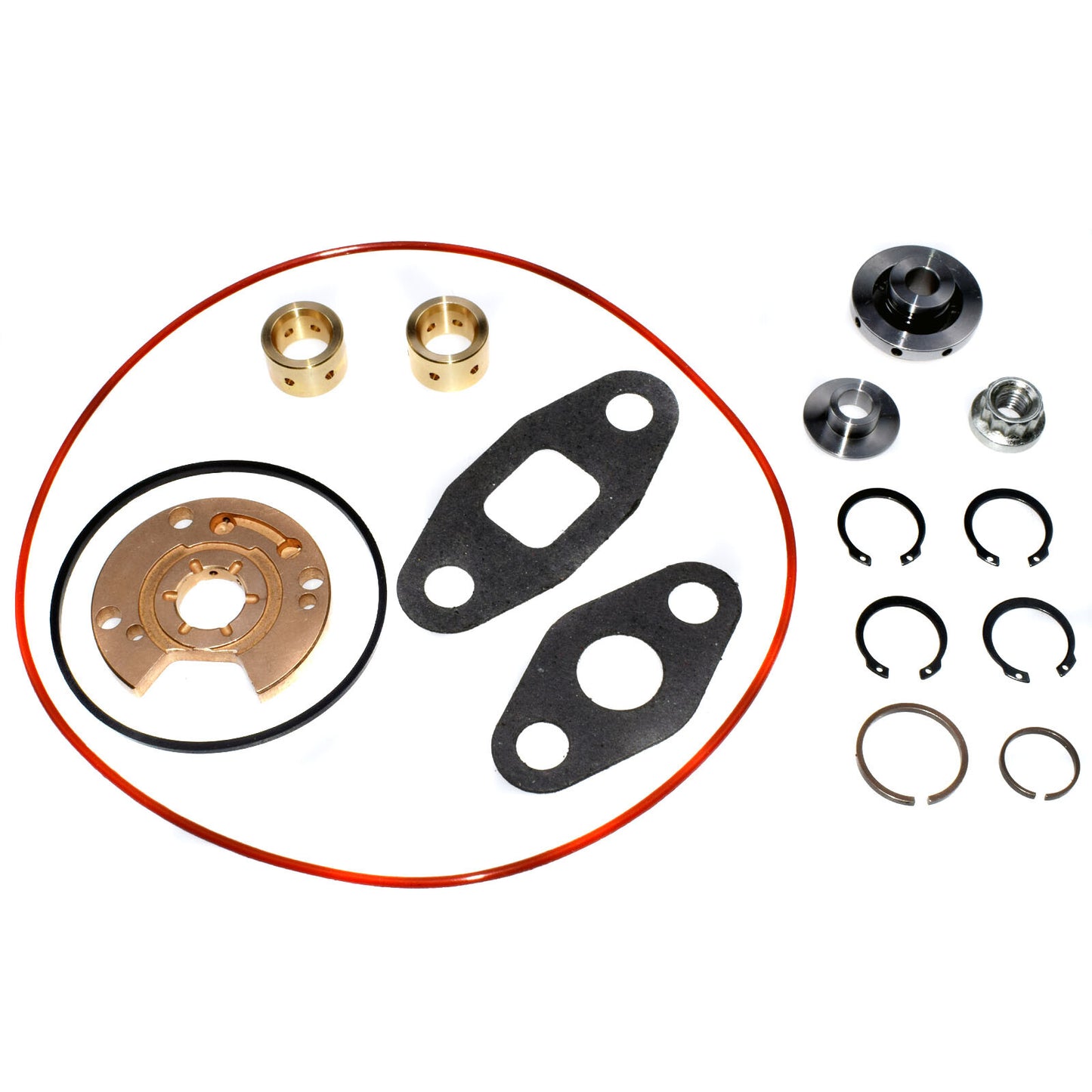 Turbocharger rebuild and repair kit for T3, T4, T04B, T04E, and T3/T4 turbochargers.