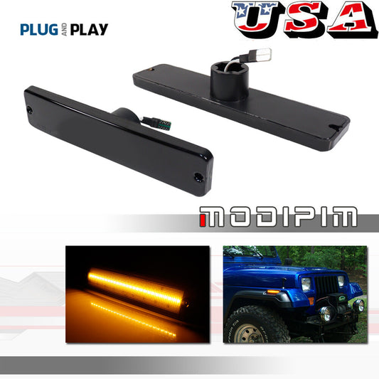 L+R Smoked Amber LED Front Bumper Side Marker Lights for 1987-1995 for Jeep Wranglers