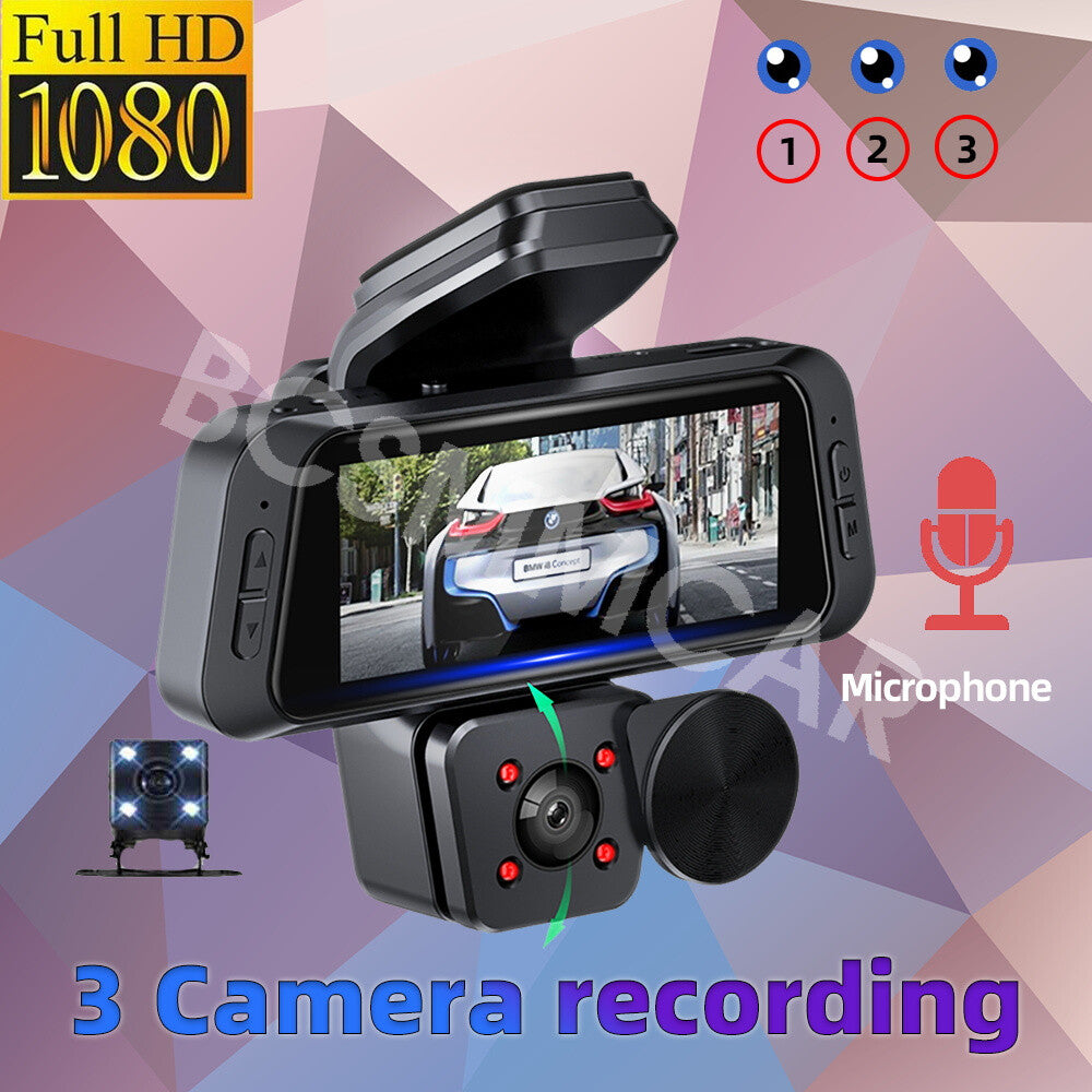 Dual Lens Car Dash Cam HD 1080P Front/Rear/Inside Video Recorder Camera G-Sensor