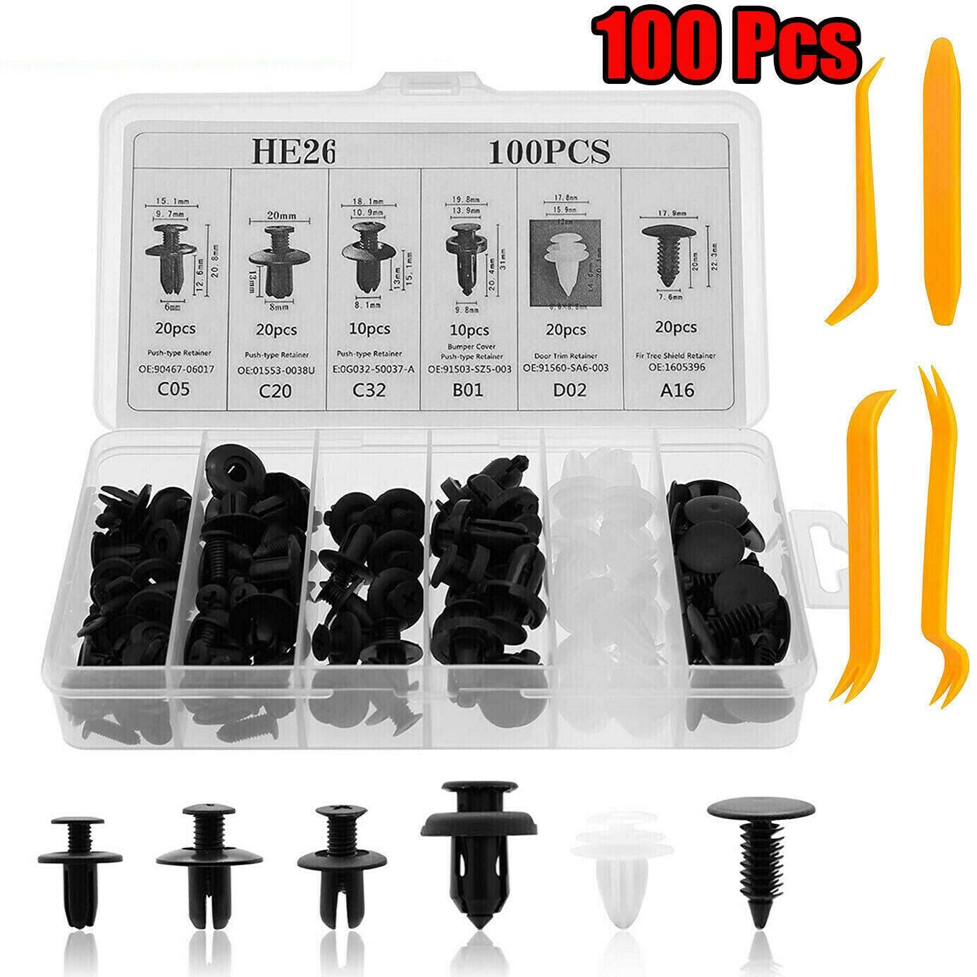 100 Pcs Fender Clips for Car Liner Fastener Rivet Push Retainer 6 Size