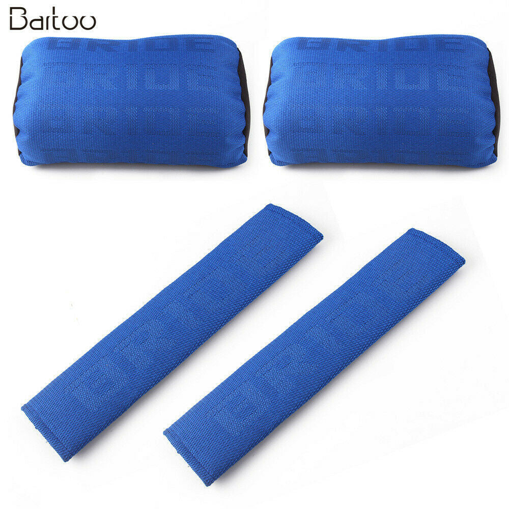 JDM Gradation Neck Headrest Blue 2Pair Pillow +Car for Seat Belt Cover Set Q