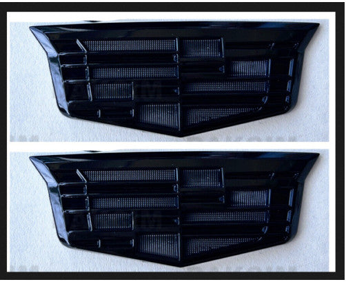 Side fender badge decals for Cadillac ATX, CTS, STS, DTS, and SRX, black, 9cm x 3.5cm.