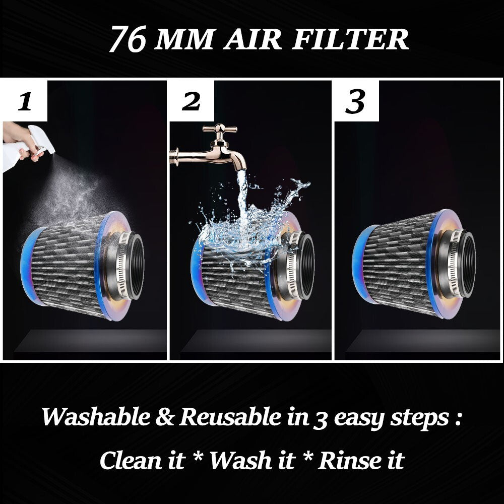 3 High Flow Inlet Cold Air Intake Cone Replacement Dry Air Filter+Carbon Stripe