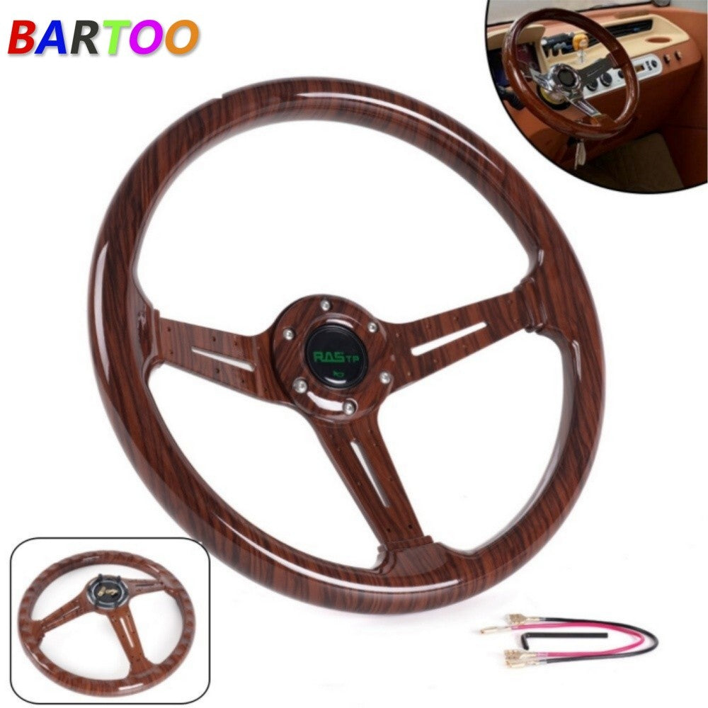 14INCH Universal Racing Steering Wheel Dark Wood Grain Drifting Deep Dish 6 Bolt