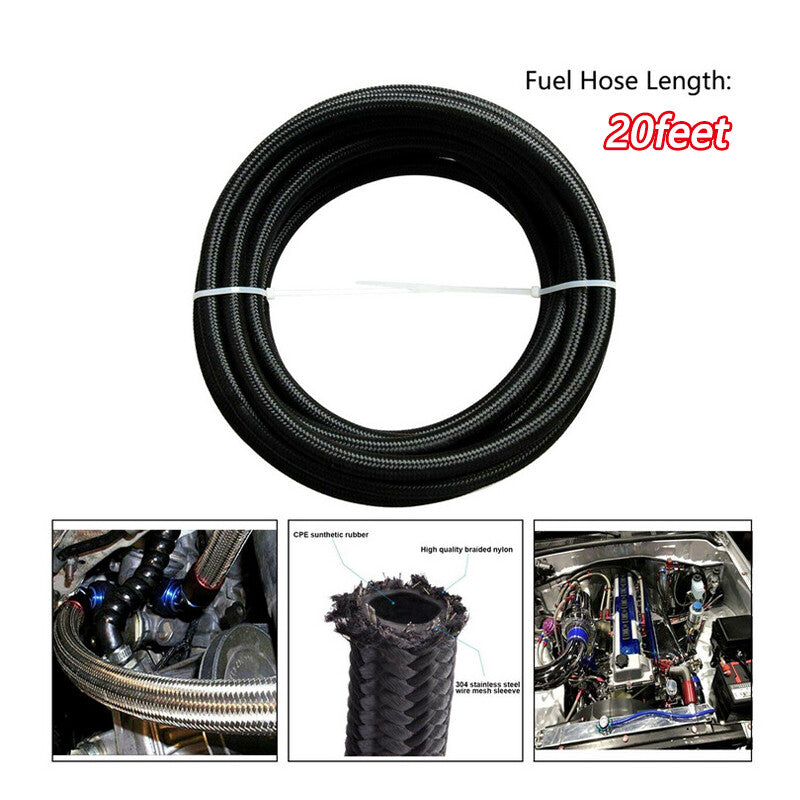 AN8-8AN Fitting Steel Nylon Braided Oil Fuel Line Swivel Hose End 20FT Kit Black