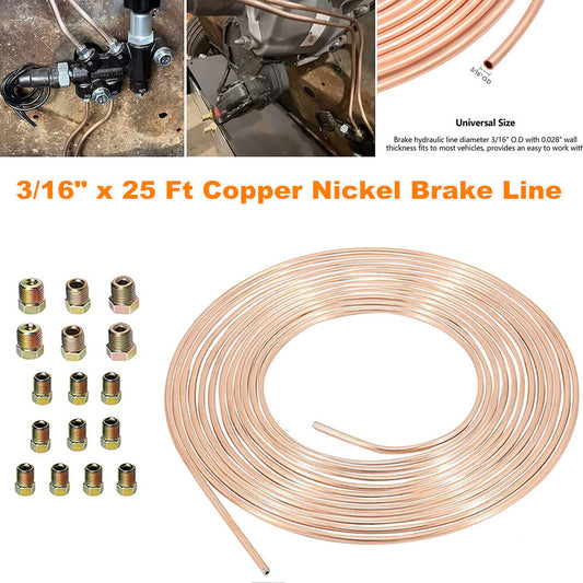 25-foot coiled 3/16-inch OD copper-nickel brake tube kit + 16-piece nut fittings - n
