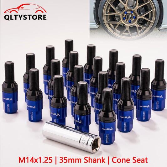 20x M14x1.25 Wheel Lug Bolt 35mm Shank Cone for Seat Stud for Most Aftermarket Blue Q
