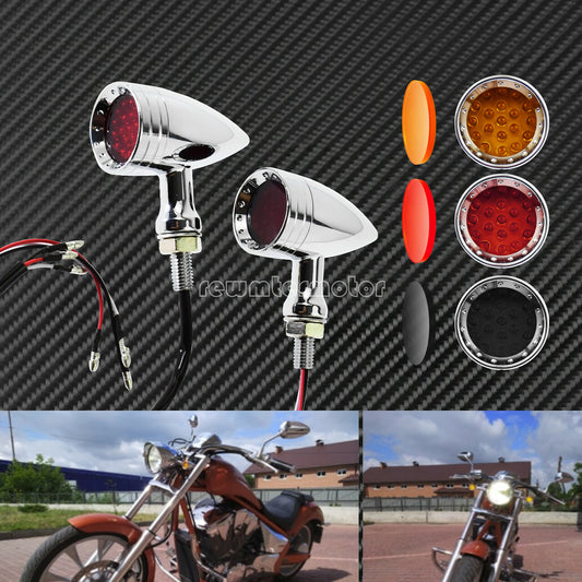 Chrome Motorcycle Bullet LED Turn Signal Red Lights Indicator Fit for Harley