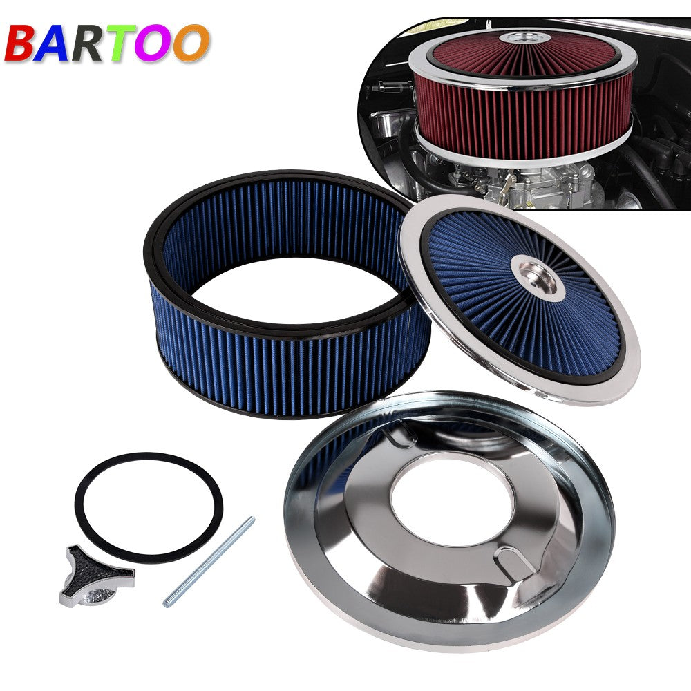 14 x 5 Blue Round Deep Dish Air Cleaner Kit + Washable Filter w/ Chrome Lid Q