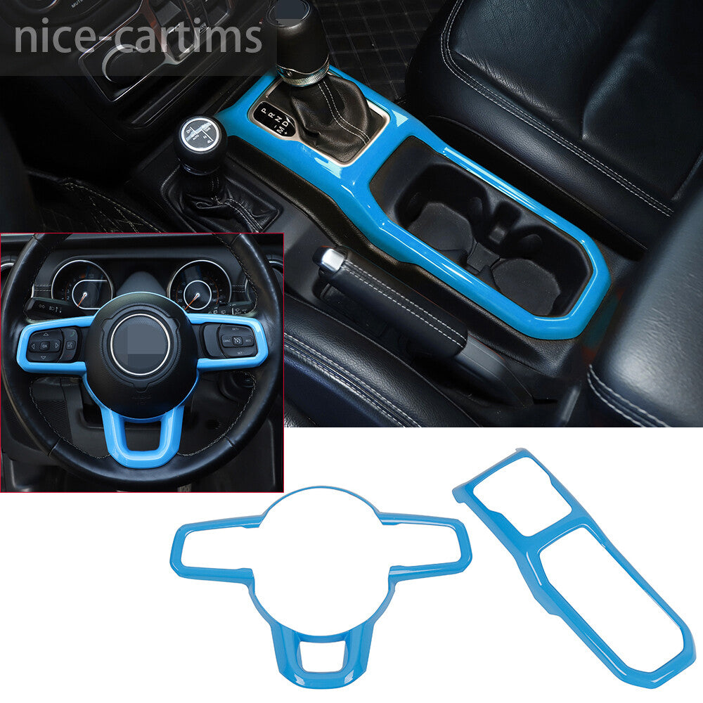for Jeep for Wrangler JL JT 18+Light Blue Cup Holder Gear Shift Steering Wheel Trim