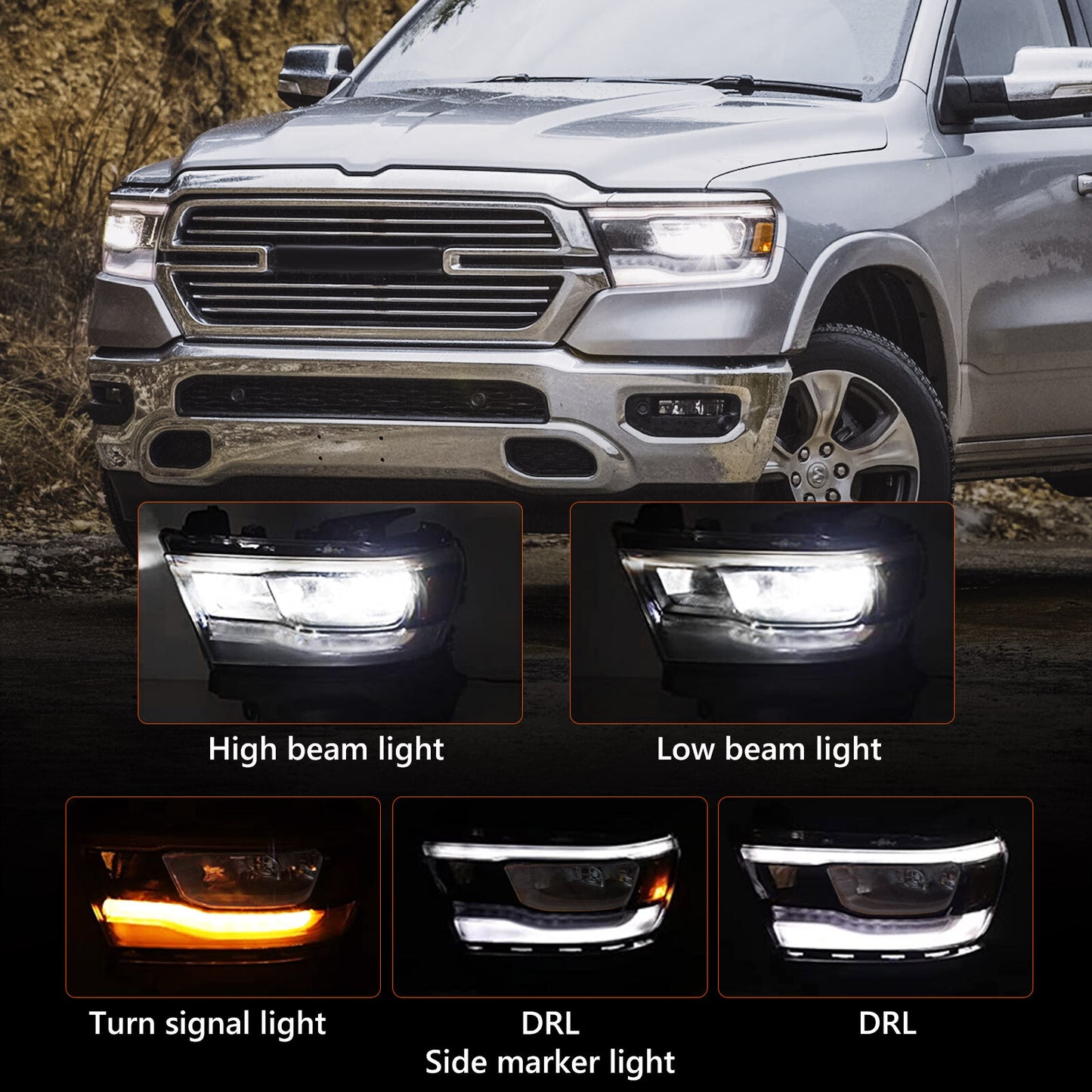 Compatible with for Dodge for RAM 1500 2019-2023 All-LED Reflector Chrome Headlight Driver