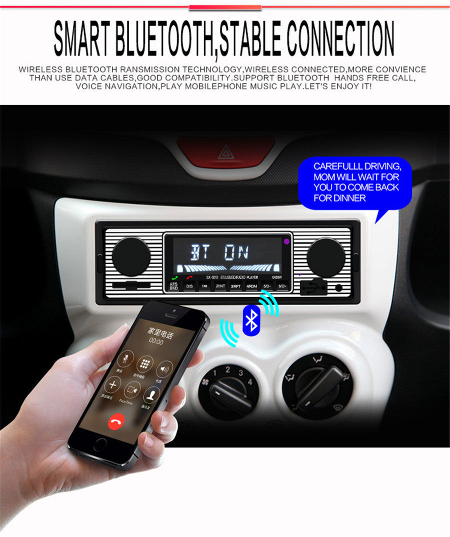 12V 4-channel car stereo MP3 player with built-in Bluetooth, AUX, USB, FM radio, and remote control. n
