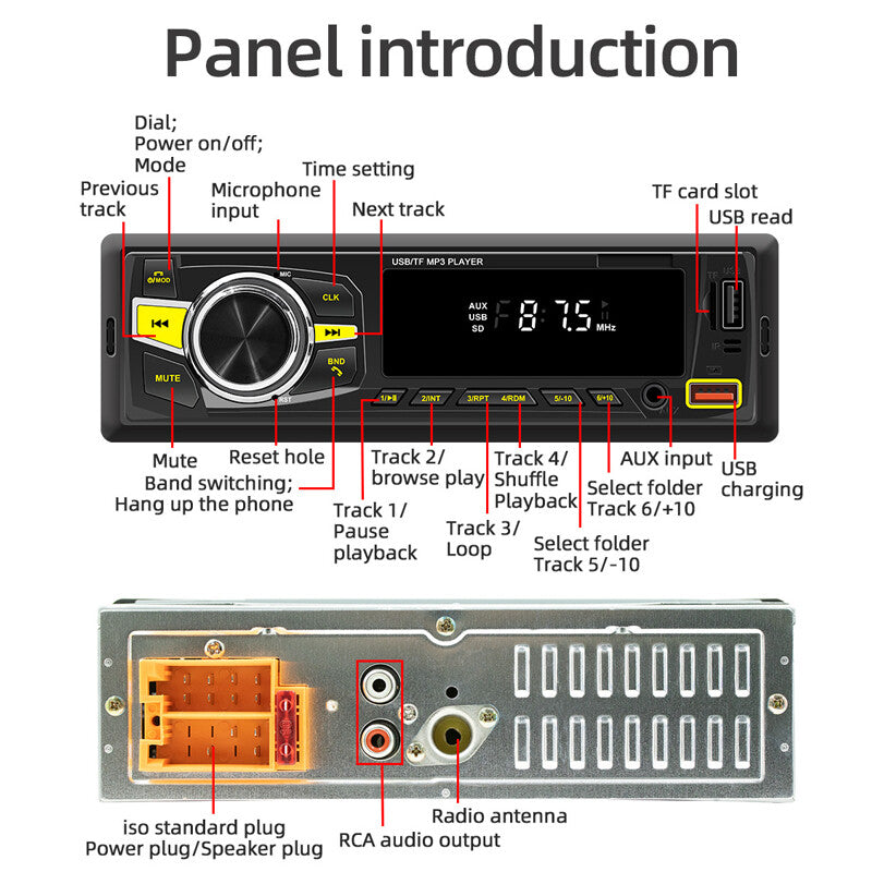 12V Single DIN Car Stereo MP3 FM Radio with Audio, Bluetooth, USB, AUX, and Voice Assistant n