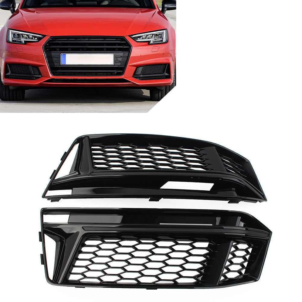 for Audi A4 B9 S-Line S4 2016-2018 Honeycomb Fog Light Grille Cover Glossy Black