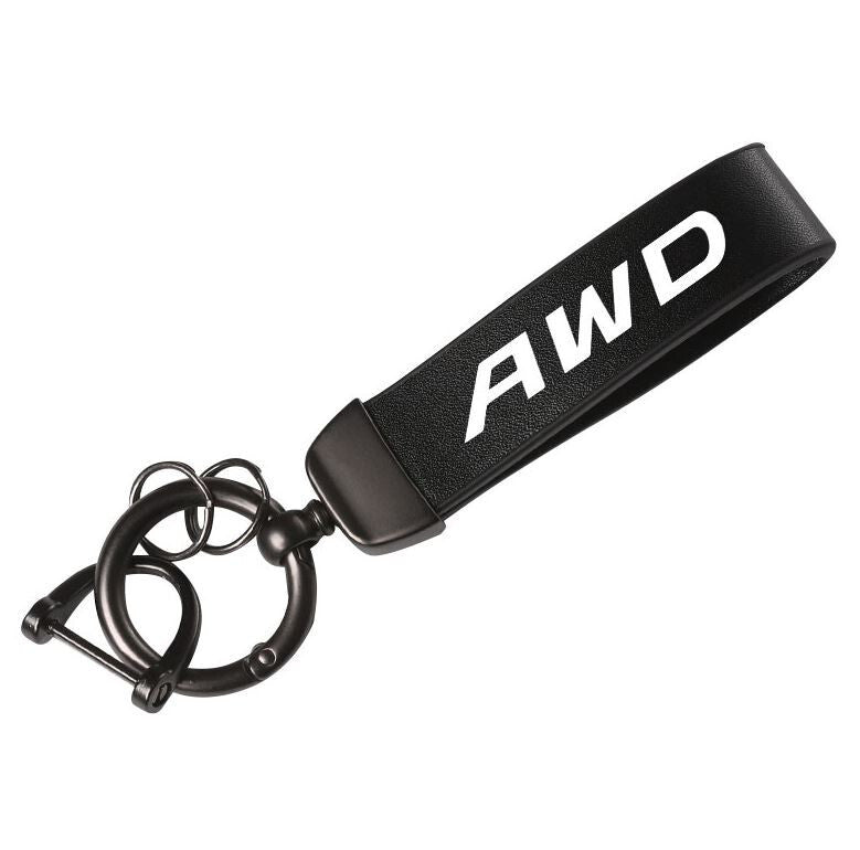 Black leather horseshoe buckle accessory for Volvo AWD car keychains/rings.