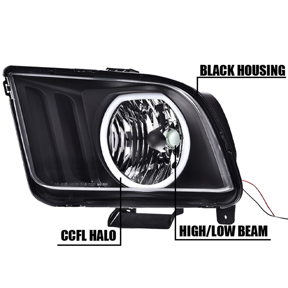 Fits 05-09 for Mustang Black/Smoke LED DRL Halo Headlight LH&RH- v