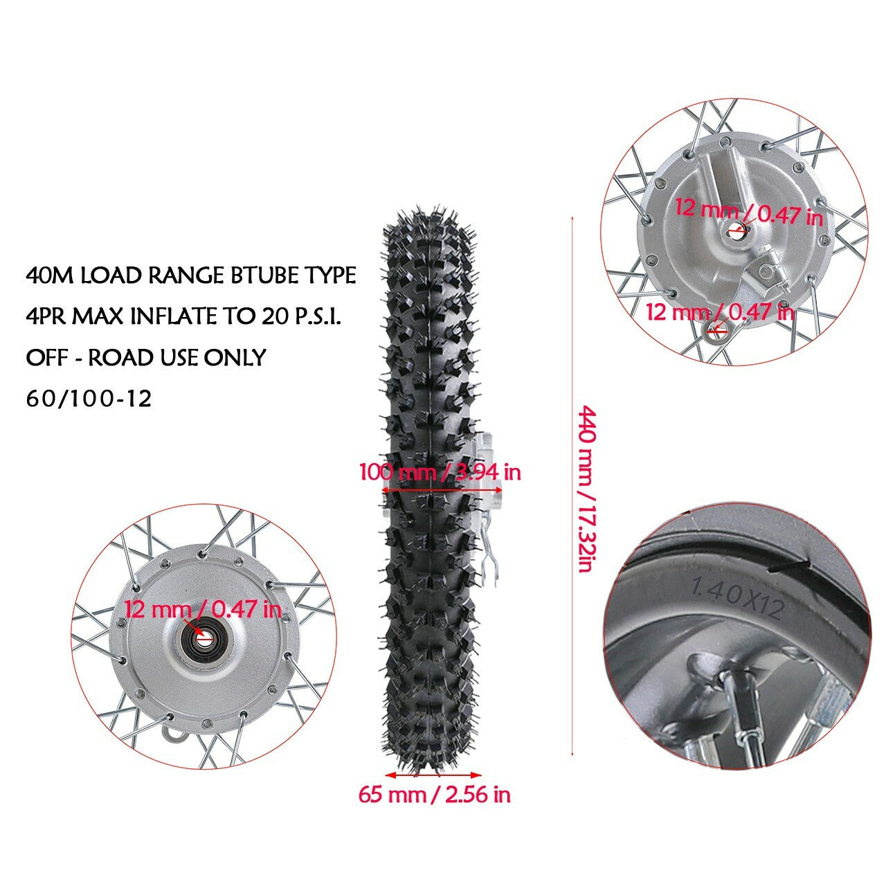 12-inch front wheel, 60/100-12 tire, 1.4x12 rim, 1.4x12 ft diameter, suitable for bicycles with capacities of 50cc, 70cc, 110cc, or 125cc.