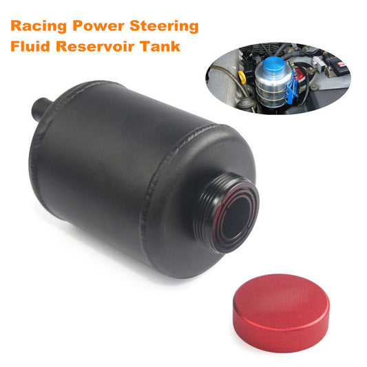 General-purpose aluminum alloy racing power steering fluid reservoir with clip cap, black - n