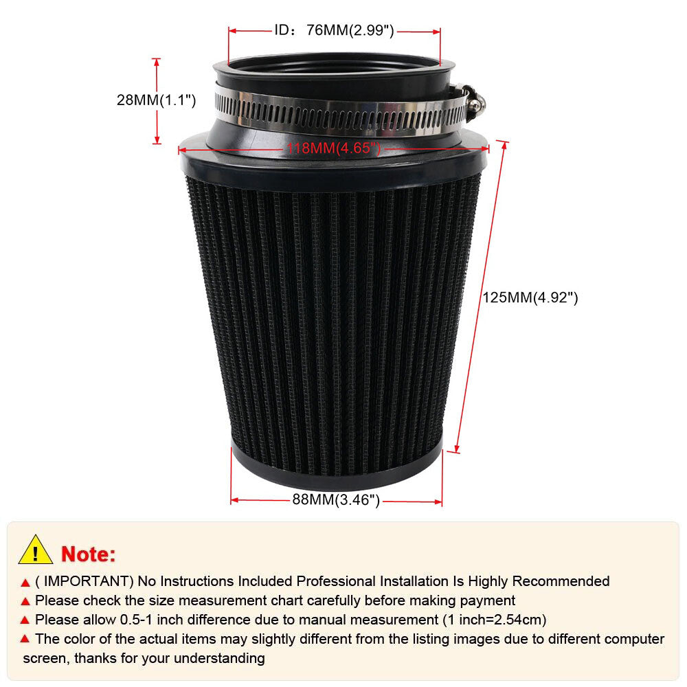 Black 3inch 76mm High Flow Inlet Dry Air Filter Cold Air Intake Cone Replacement