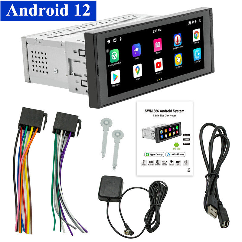 6.86Single Din Android 12 Car Wireless CarPlay Stereo Bluetooth Radio GPS Navi v