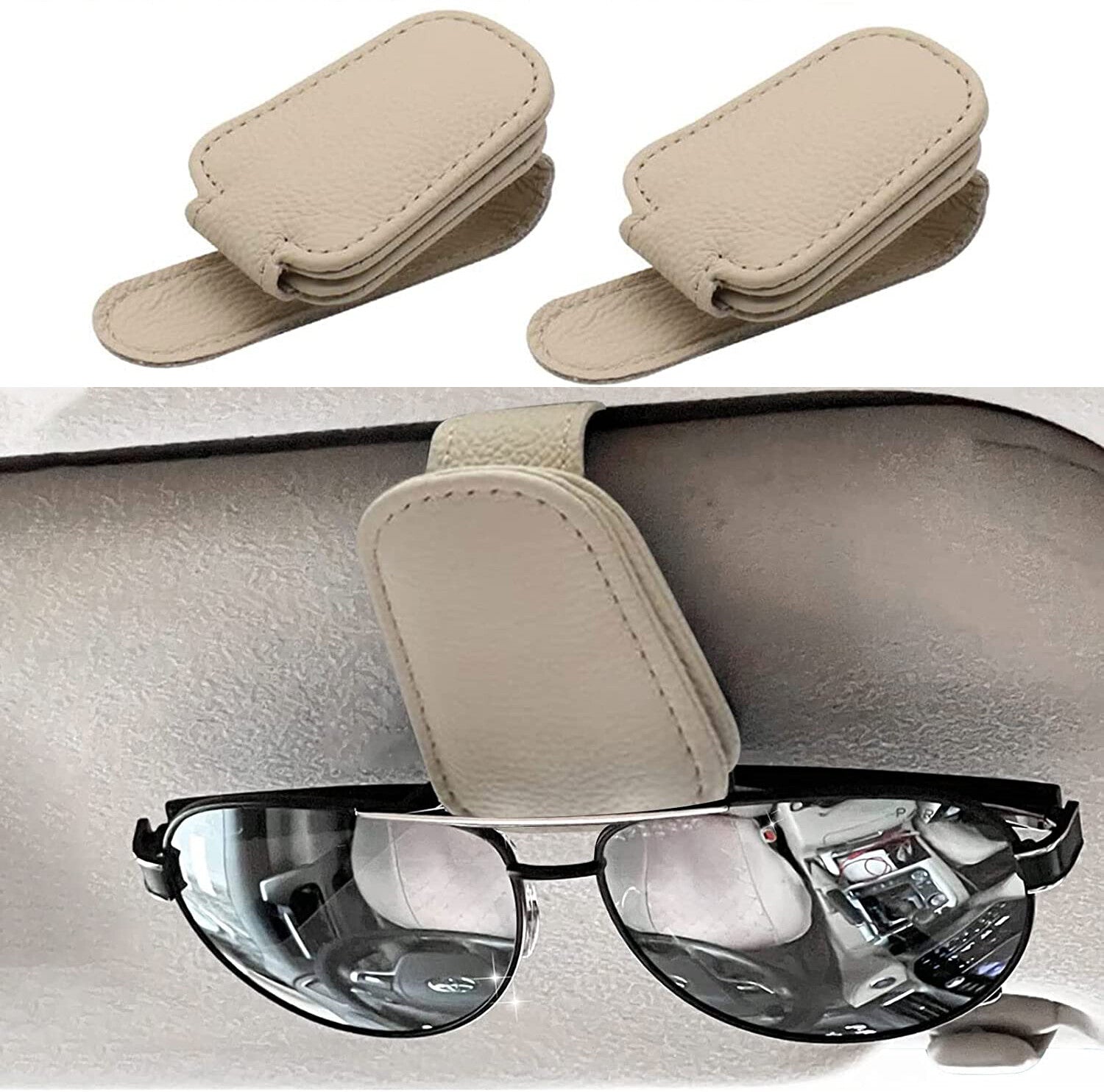 2-Piece Universal Magnetic Leather Car SUV Sunshade Sunglasses Holder Clip Glasses Beige n