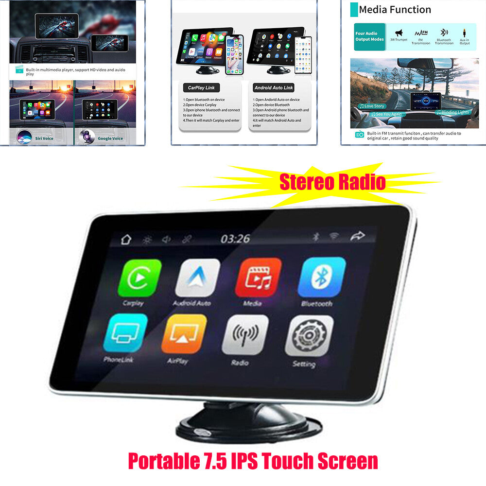 7.5 IPS portable in-car touchscreen with wireless CarPlay, Android auto-tuning stereo radio n