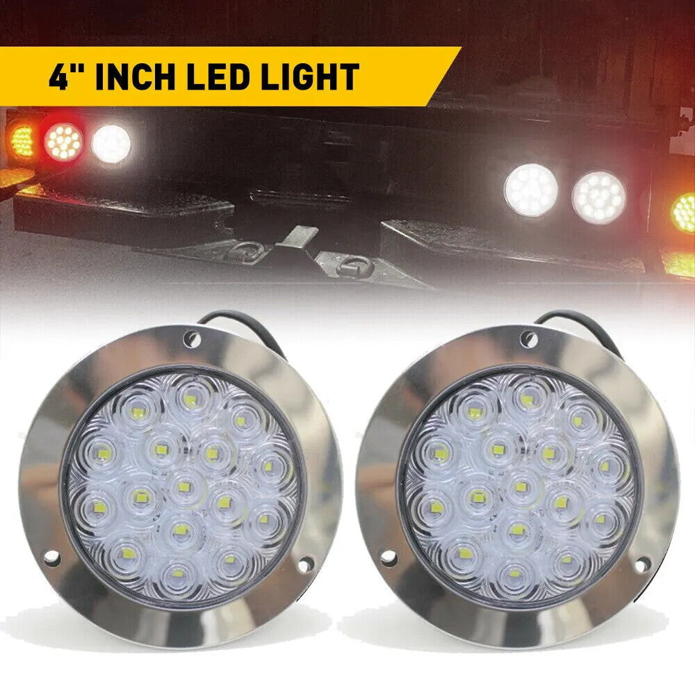 2-Pack Chrome 4-inch Round 16 LED Trailer Tail Lights, Waterproof Truck Stop Brake Lights - n
