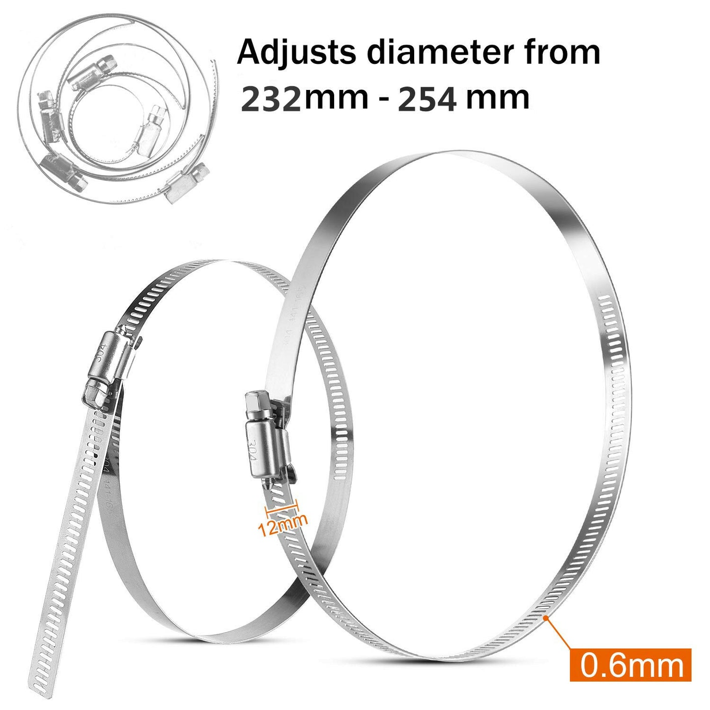10-inch adjustable stainless steel hose clamp with worm gear drive.