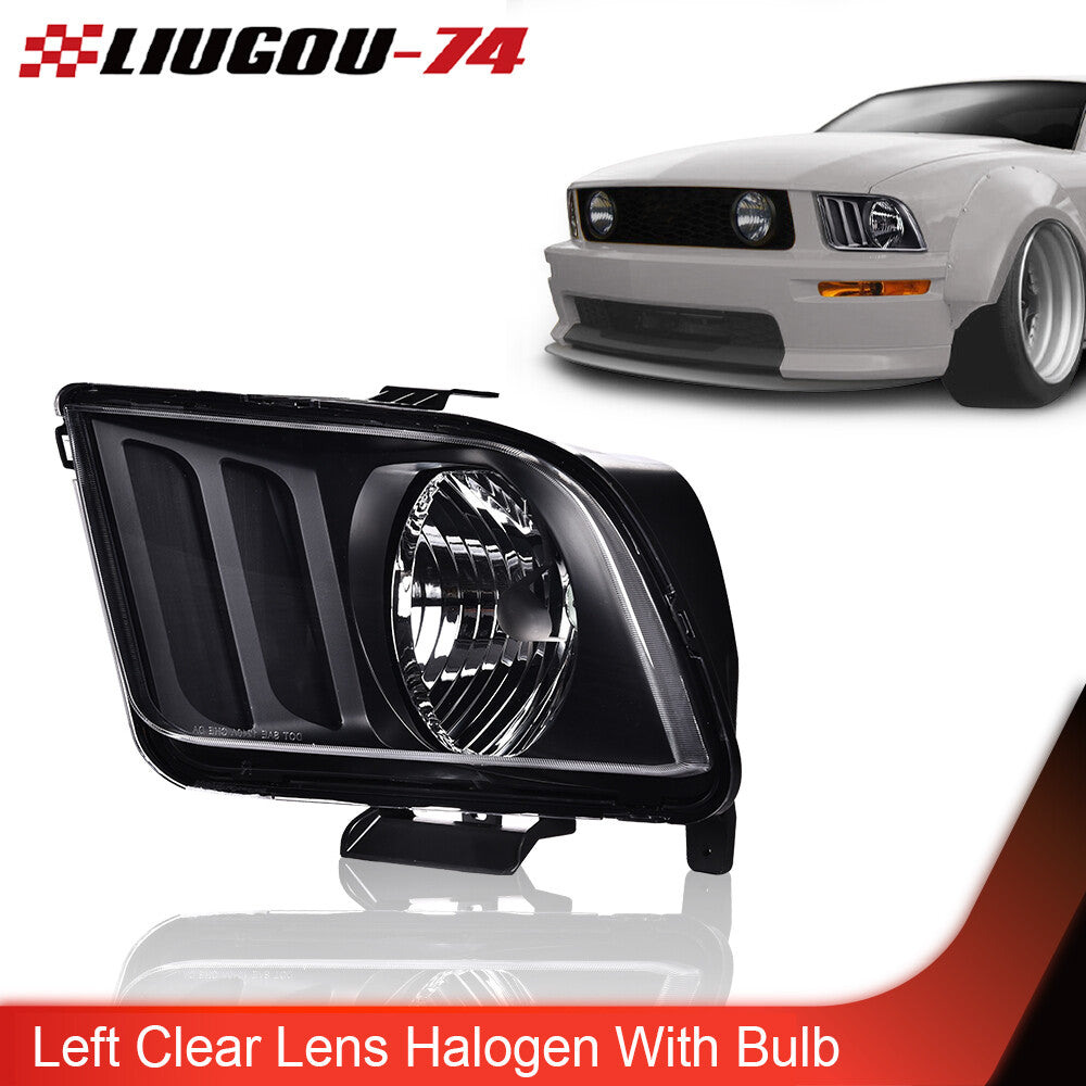 Suitable for 05-09 for Ford for Mustang left headlight with transparent lens, black housing, and bulb.