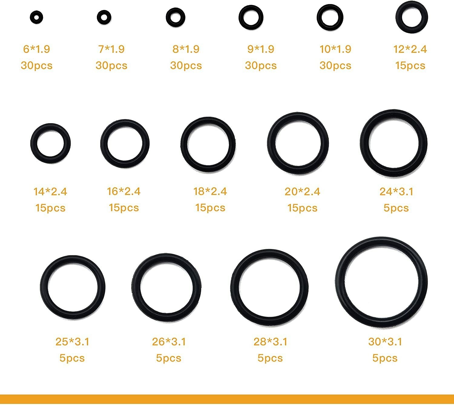 250PCS 15 Sizes Rubber O-Ring Washer Gasket Sealing Assortment Kit