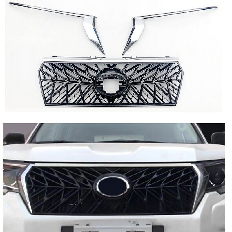 3X Chrome+Black Front Bumper Grilles Mesh Grid Trim For LandCruiser Prado 18-21