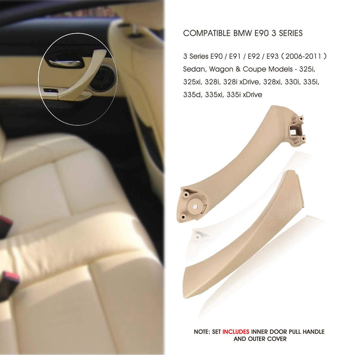 Beige cover for left inner door and outer door panel handle of for BMW E90 3 Series