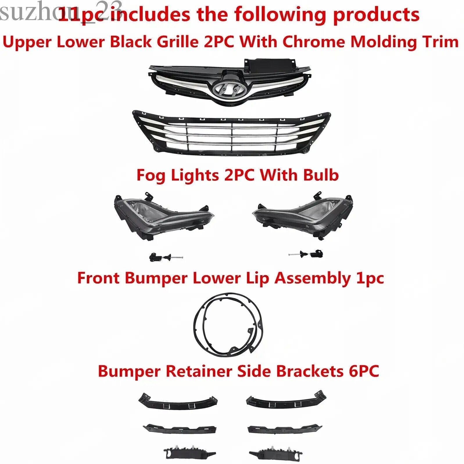 11PC for Elantra 2014-2016 Front Chrome Grille Mesh Fog lamps Bumper Bracket Kit