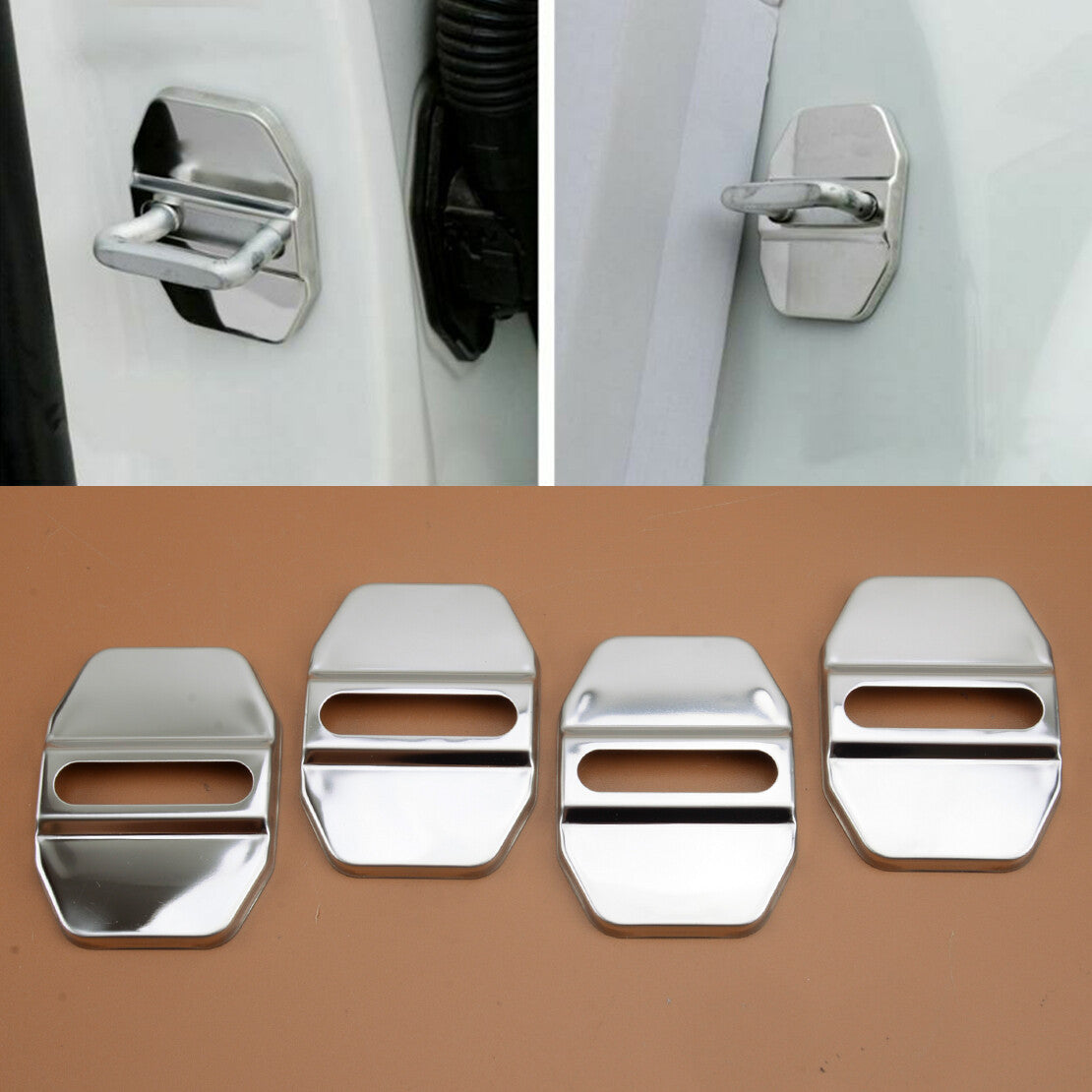 4x Chrome Stainless Steel Car Door Lock Striker Protector Cover Trim Universal