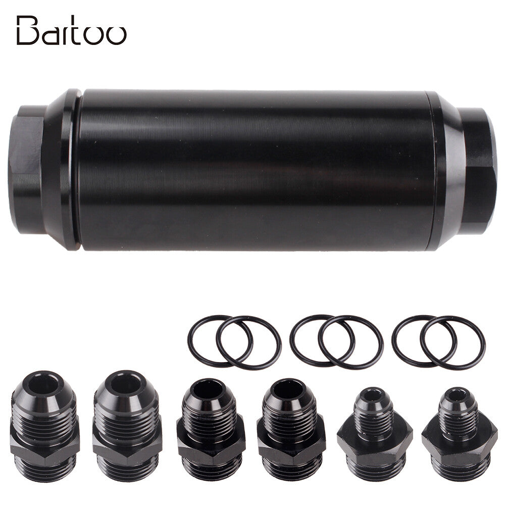 100 Micron Black High Flow Turbo Inline 44mm Fuel Filter with AN10 AN8 AN6 Q