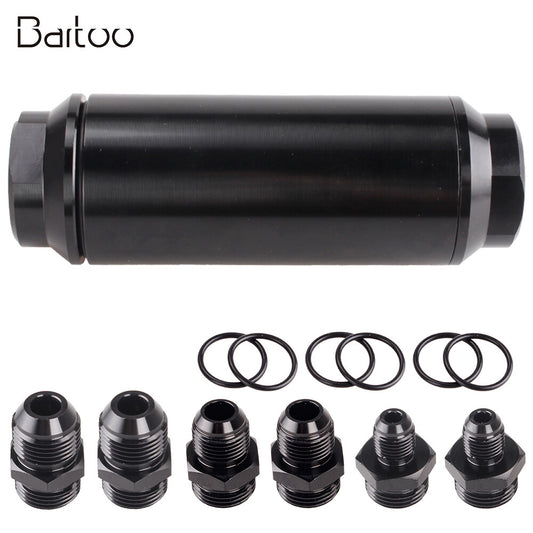 100 Micron Black High Flow Turbo Inline 44mm Fuel Filter with AN10 AN8 AN6 Q
