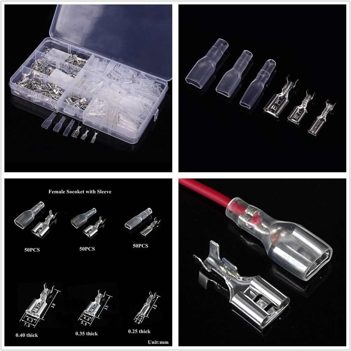 300 Pcs Female Spade Connector Wire Crimp Terminal Block  Insulating Sleeve Kit